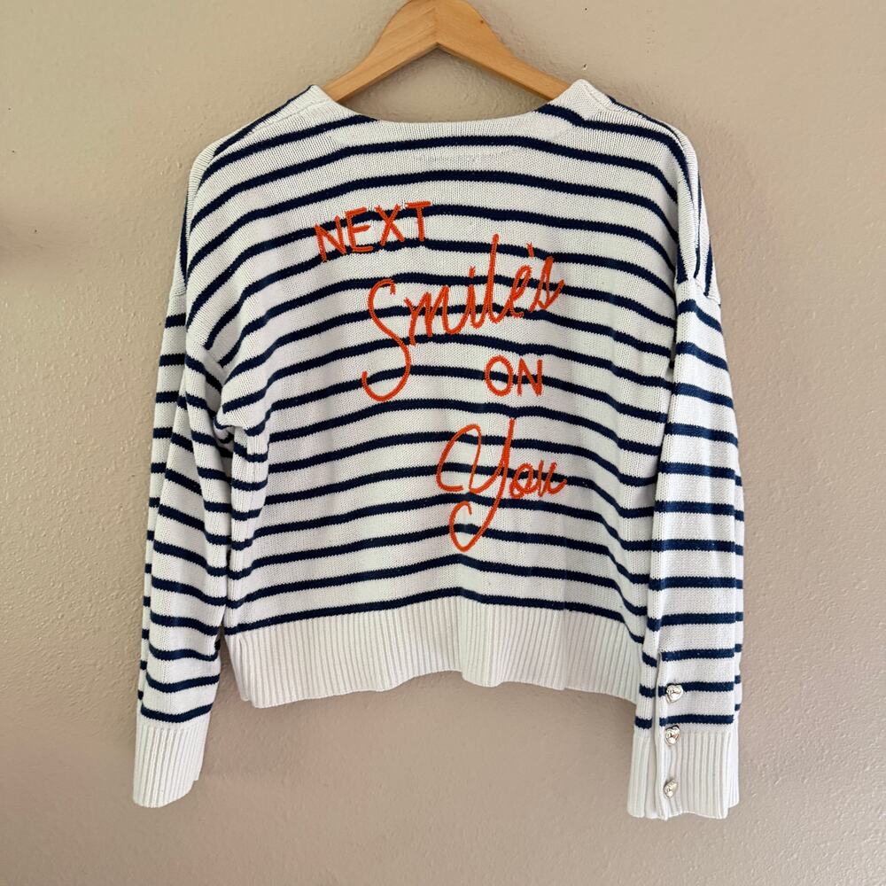 Kerri Rosenthal Navy & White striped "Next Smile's On You" Sweater
